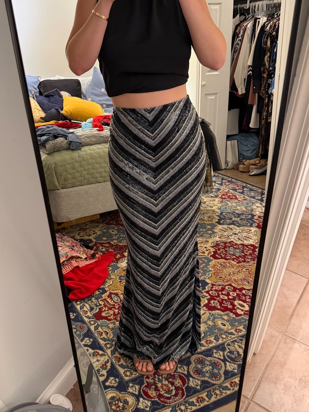 Randolph Duke Black and Silver Chevron Maxi Skirt